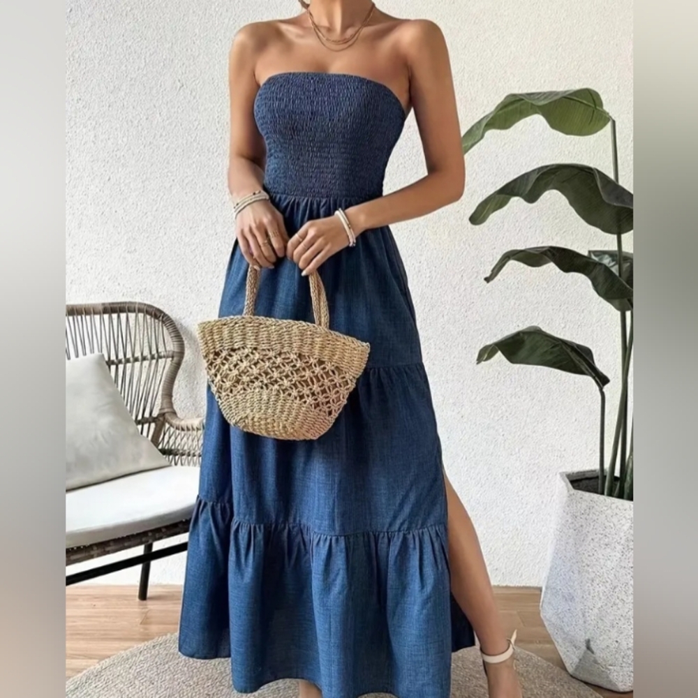 Strapless Smocked Tiered Maxi Dress in Denim Blue